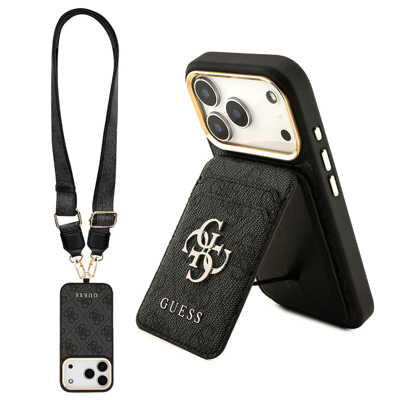 Apple iPhone 17 Pro Kılıf Guess M-safe Şarj Özellikli Askılı ve Kartlıklı 4G Logo Kapak Siyah