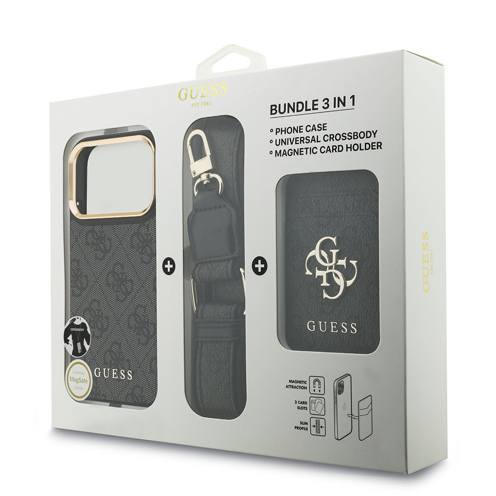 Apple iPhone 17 Pro Kılıf Guess M-safe Şarj Özellikli Askılı ve Kartlıklı 4G Logo Kapak Siyah