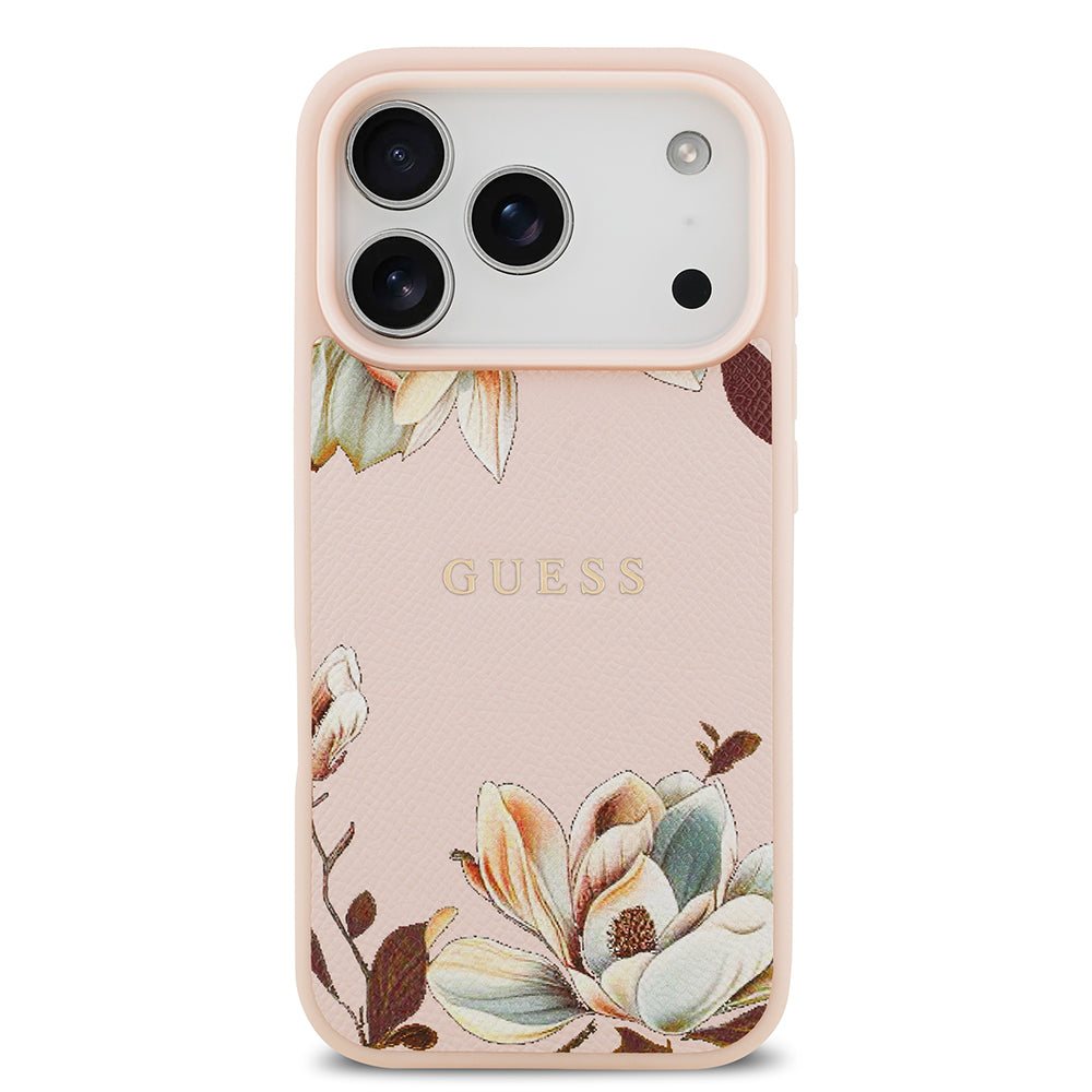 Apple iPhone 17 Pro Kılıf Guess M-Safe Şarj Özellikli Çiçek Tasarımlı Metal Yazı Logolu Kapak Pembe
