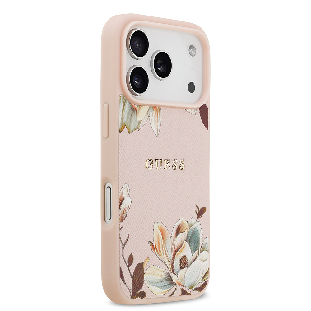 Apple iPhone 17 Pro Kılıf Guess M-Safe Şarj Özellikli Çiçek Tasarımlı Metal Yazı Logolu Kapak Pembe