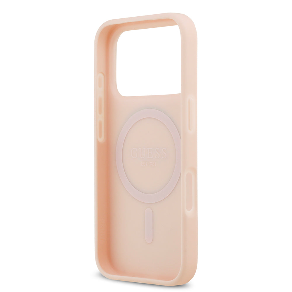 Apple iPhone 17 Pro Kılıf Guess M-Safe Şarj Özellikli Çiçek Tasarımlı Metal Yazı Logolu Kapak Pembe