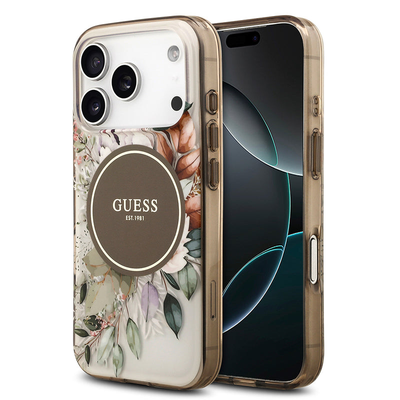 Apple iPhone 17 Pro Kılıf Guess M-safe Şarj Özellikli Flower Tonal Circle Çiçek Desenli Kapak Kahverengi