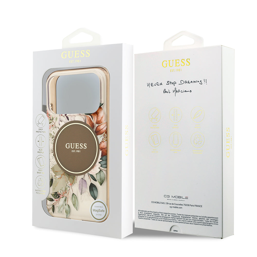 Apple iPhone 17 Pro Kılıf Guess M-safe Şarj Özellikli Flower Tonal Circle Çiçek Desenli Kapak Kahverengi