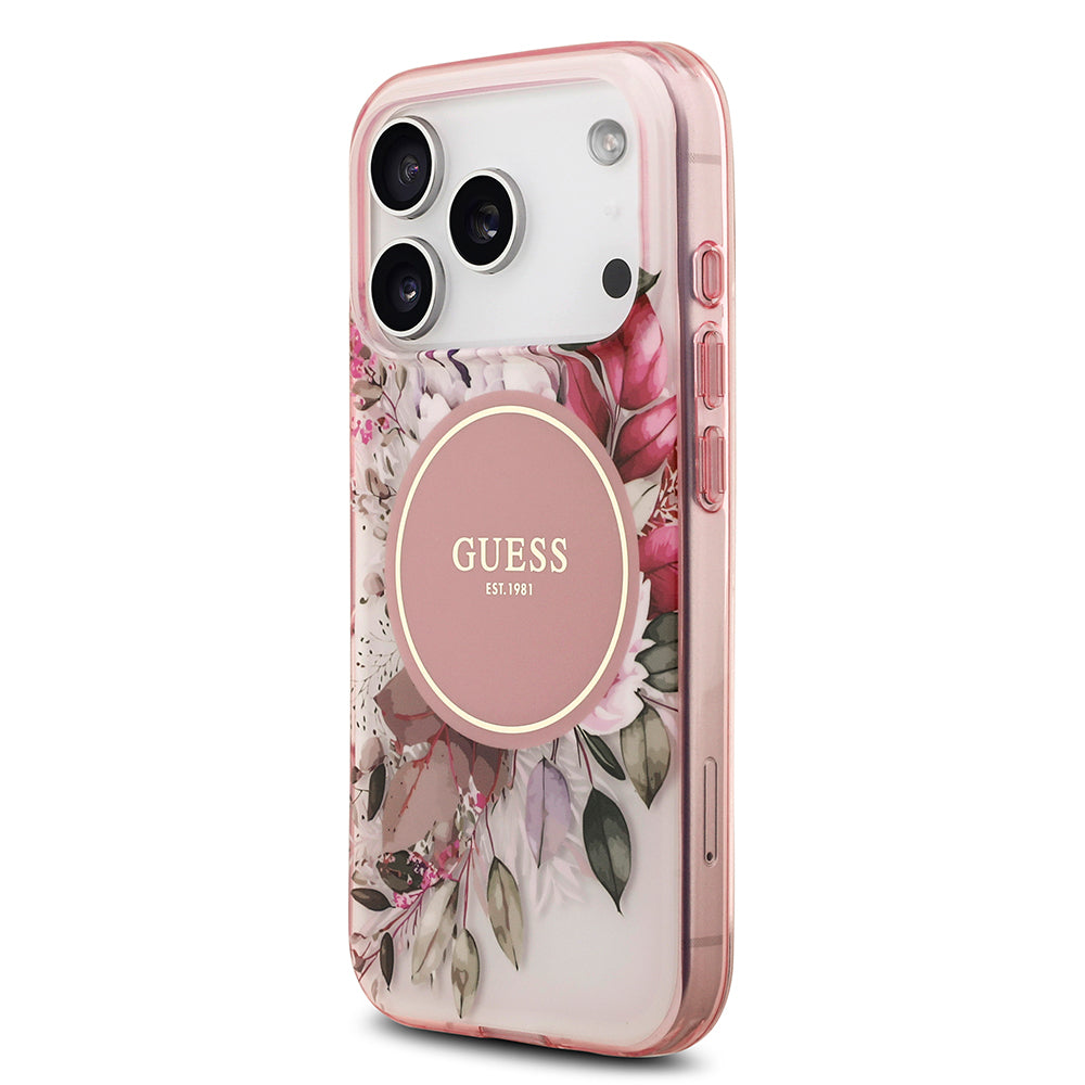 Apple iPhone 17 Pro Kılıf Guess M-safe Şarj Özellikli Flower Tonal Circle Çiçek Desenli Kapak Pembe