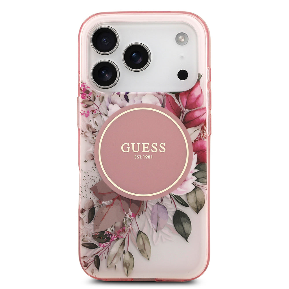 Apple iPhone 17 Pro Kılıf Guess M-safe Şarj Özellikli Flower Tonal Circle Çiçek Desenli Kapak Pembe