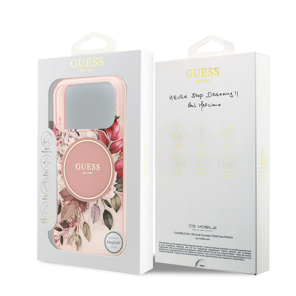 Apple iPhone 17 Pro Kılıf Guess M-safe Şarj Özellikli Flower Tonal Circle Çiçek Desenli Kapak Pembe