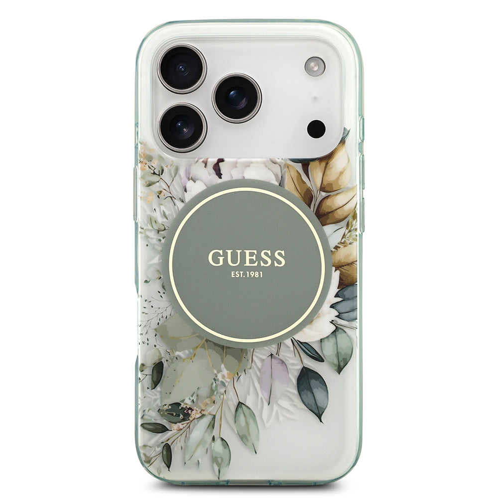 Apple iPhone 17 Pro Kılıf Guess M-safe Şarj Özellikli Flower Tonal Circle Çiçek Desenli Kapak Yeşil