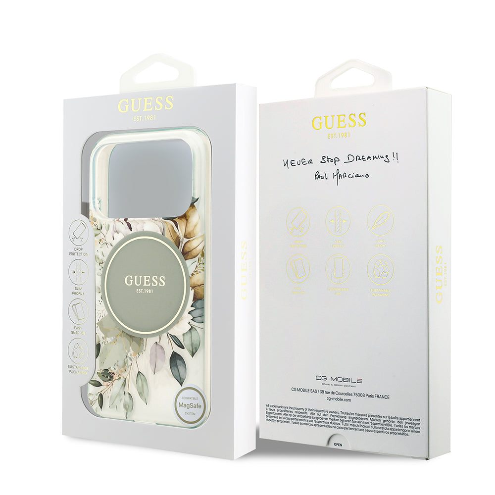 Apple iPhone 17 Pro Kılıf Guess M-safe Şarj Özellikli Flower Tonal Circle Çiçek Desenli Kapak Yeşil