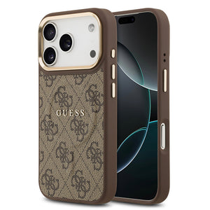 Apple iPhone 17 Pro Kılıf Guess M-safe Şarj Özellikli Gold Metal Kamera Çerçeveli PU Deri 4G Desen Yazı Logolu Kapak Kahverengi
