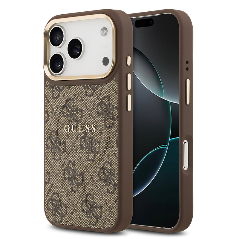 Apple iPhone 17 Pro Kılıf Guess M-safe Şarj Özellikli Gold Metal Kamera Çerçeveli PU Deri 4G Desen Yazı Logolu Kapak Kahverengi