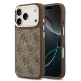 Apple iPhone 17 Pro Kılıf Guess M-safe Şarj Özellikli Gold Metal Kamera Çerçeveli PU Deri 4G Desen Yazı Logolu Kapak Kahverengi