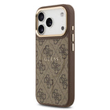 Apple iPhone 17 Pro Kılıf Guess M-safe Şarj Özellikli Gold Metal Kamera Çerçeveli PU Deri 4G Desen Yazı Logolu Kapak Kahverengi