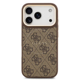 Apple iPhone 17 Pro Kılıf Guess M-safe Şarj Özellikli Gold Metal Kamera Çerçeveli PU Deri 4G Desen Yazı Logolu Kapak Kahverengi