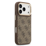 Apple iPhone 17 Pro Kılıf Guess M-safe Şarj Özellikli Gold Metal Kamera Çerçeveli PU Deri 4G Desen Yazı Logolu Kapak Kahverengi