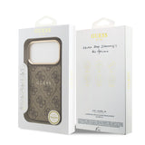 Apple iPhone 17 Pro Kılıf Guess M-safe Şarj Özellikli Gold Metal Kamera Çerçeveli PU Deri 4G Desen Yazı Logolu Kapak Kahverengi