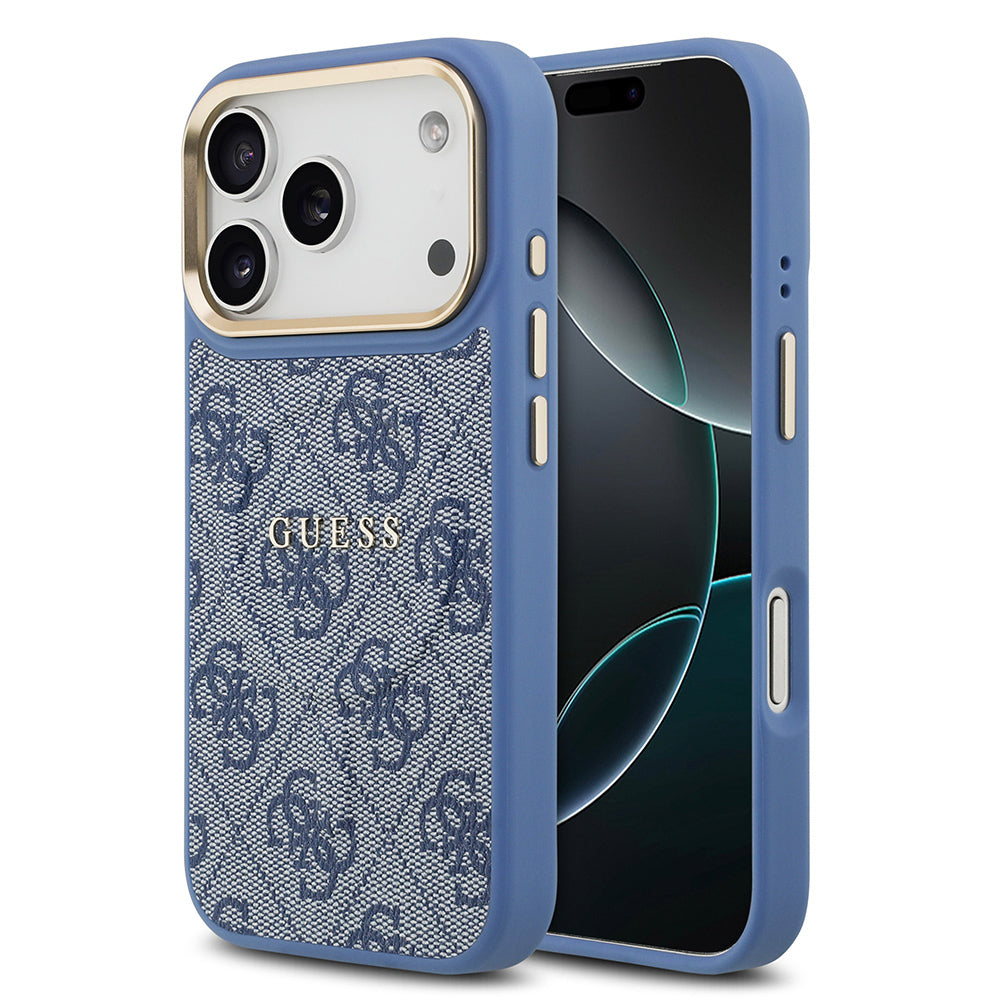 Apple iPhone 17 Pro Kılıf Guess M-safe Şarj Özellikli Gold Metal Kamera Çerçeveli PU Deri 4G Desen Yazı Logolu Kapak Mavi