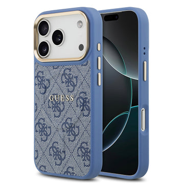 Apple iPhone 17 Pro Kılıf Guess M-safe Şarj Özellikli Gold Metal Kamera Çerçeveli PU Deri 4G Desen Yazı Logolu Kapak Mavi