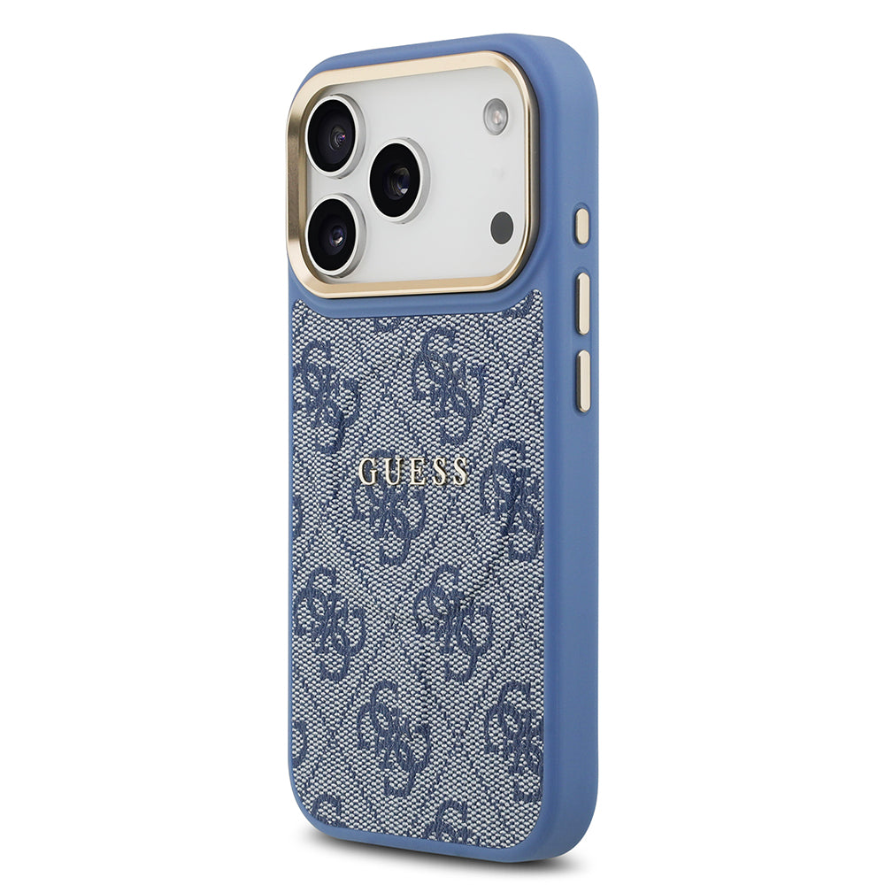 Apple iPhone 17 Pro Kılıf Guess M-safe Şarj Özellikli Gold Metal Kamera Çerçeveli PU Deri 4G Desen Yazı Logolu Kapak Mavi