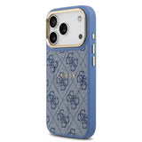 Apple iPhone 17 Pro Kılıf Guess M-safe Şarj Özellikli Gold Metal Kamera Çerçeveli PU Deri 4G Desen Yazı Logolu Kapak Mavi