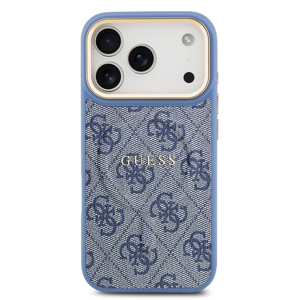 Apple iPhone 17 Pro Kılıf Guess M-safe Şarj Özellikli Gold Metal Kamera Çerçeveli PU Deri 4G Desen Yazı Logolu Kapak Mavi