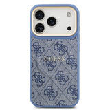 Apple iPhone 17 Pro Kılıf Guess M-safe Şarj Özellikli Gold Metal Kamera Çerçeveli PU Deri 4G Desen Yazı Logolu Kapak Mavi