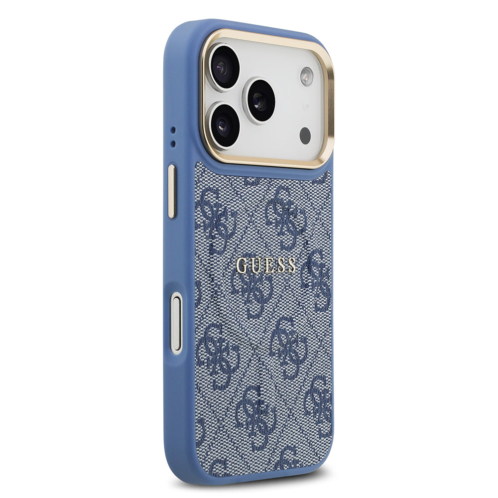 Apple iPhone 17 Pro Kılıf Guess M-safe Şarj Özellikli Gold Metal Kamera Çerçeveli PU Deri 4G Desen Yazı Logolu Kapak Mavi