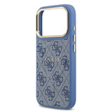 Apple iPhone 17 Pro Kılıf Guess M-safe Şarj Özellikli Gold Metal Kamera Çerçeveli PU Deri 4G Desen Yazı Logolu Kapak Mavi