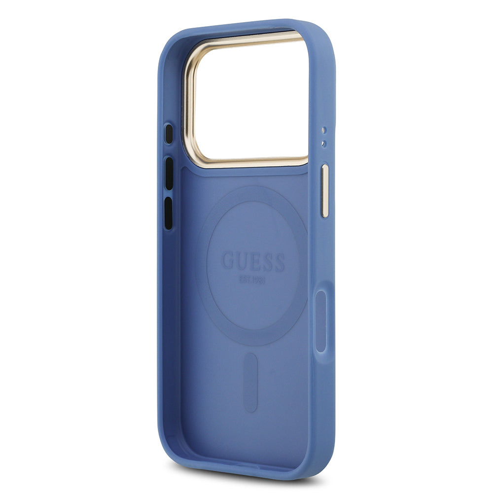 Apple iPhone 17 Pro Kılıf Guess M-safe Şarj Özellikli Gold Metal Kamera Çerçeveli PU Deri 4G Desen Yazı Logolu Kapak Mavi