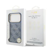 Apple iPhone 17 Pro Kılıf Guess M-safe Şarj Özellikli Gold Metal Kamera Çerçeveli PU Deri 4G Desen Yazı Logolu Kapak Mavi