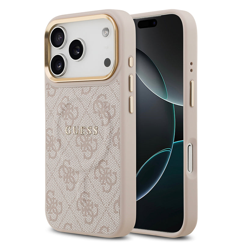 Apple iPhone 17 Pro Kılıf Guess M-safe Şarj Özellikli Gold Metal Kamera Çerçeveli PU Deri 4G Desen Yazı Logolu Kapak Pembe
