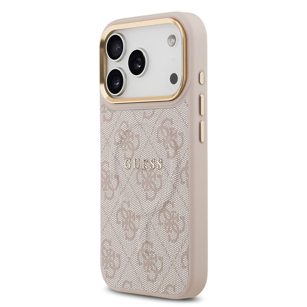 Apple iPhone 17 Pro Kılıf Guess M-safe Şarj Özellikli Gold Metal Kamera Çerçeveli PU Deri 4G Desen Yazı Logolu Kapak Pembe