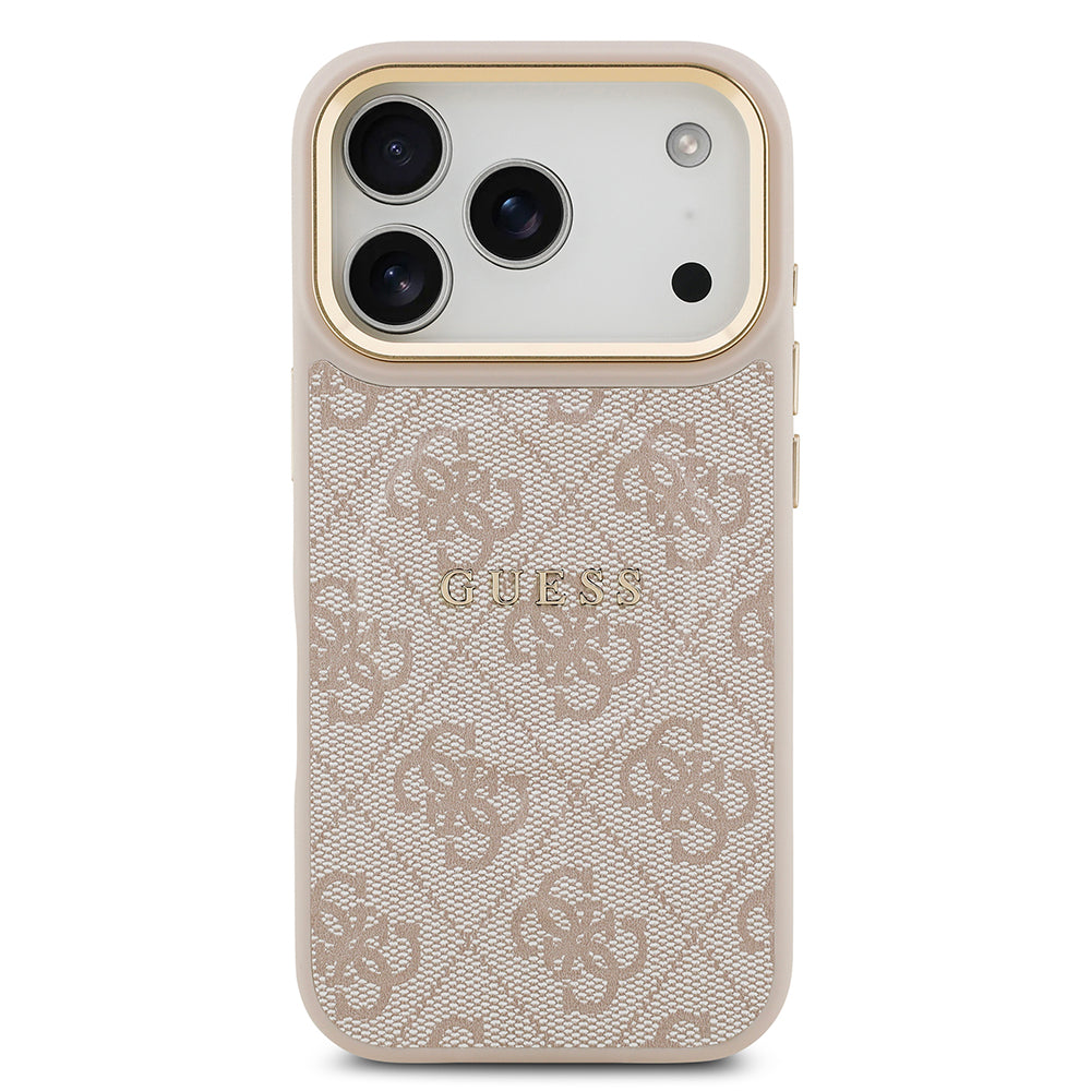 Apple iPhone 17 Pro Kılıf Guess M-safe Şarj Özellikli Gold Metal Kamera Çerçeveli PU Deri 4G Desen Yazı Logolu Kapak Pembe