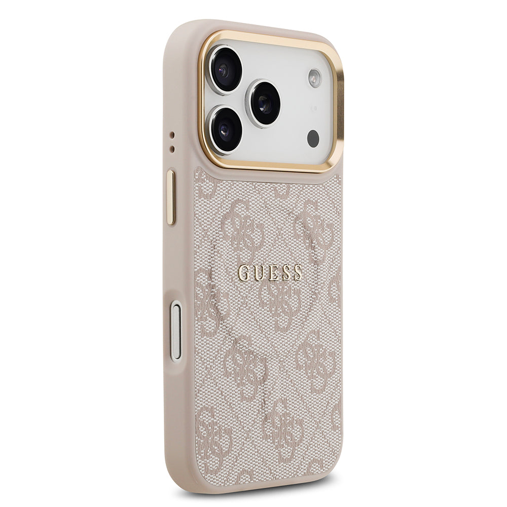 Apple iPhone 17 Pro Kılıf Guess M-safe Şarj Özellikli Gold Metal Kamera Çerçeveli PU Deri 4G Desen Yazı Logolu Kapak Pembe