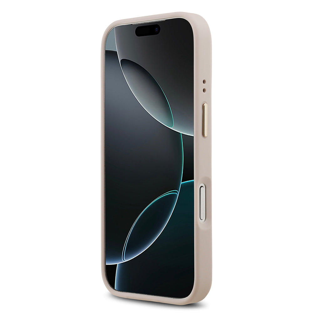 Apple iPhone 17 Pro Kılıf Guess M-safe Şarj Özellikli Gold Metal Kamera Çerçeveli PU Deri 4G Desen Yazı Logolu Kapak Pembe
