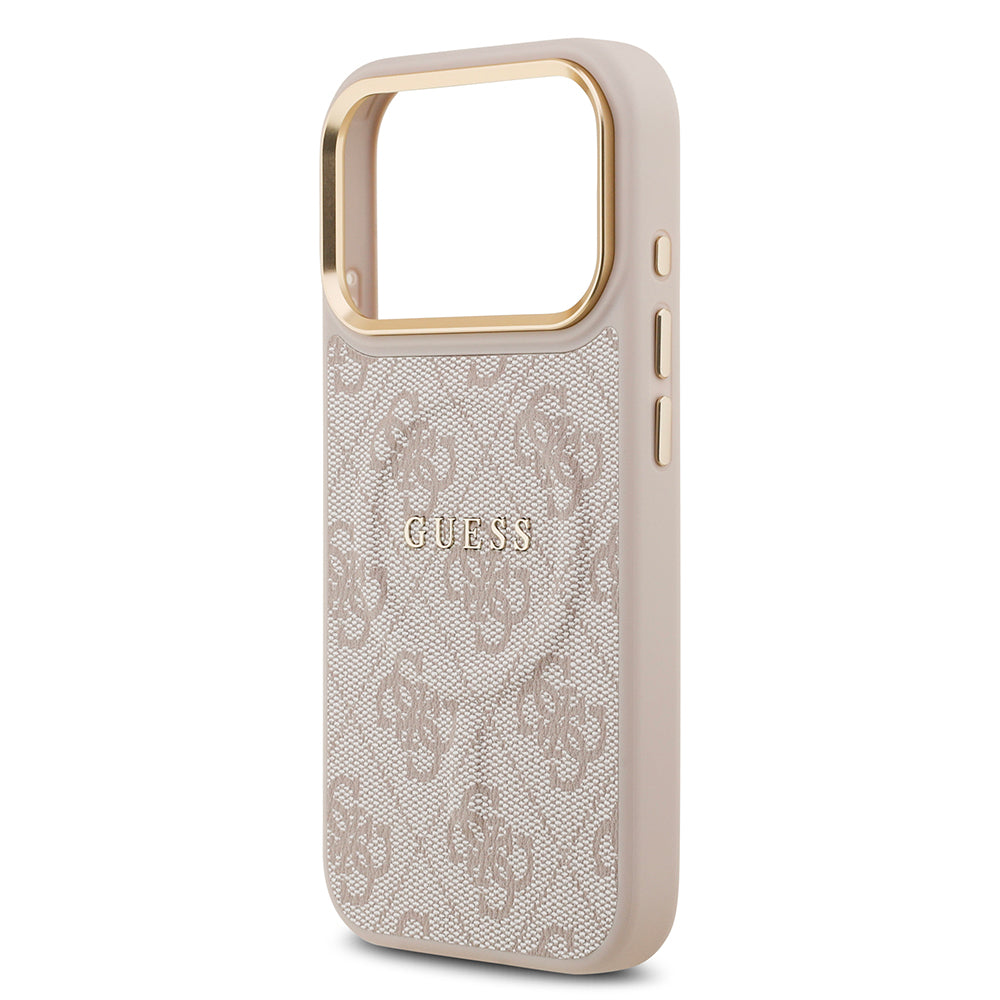 Apple iPhone 17 Pro Kılıf Guess M-safe Şarj Özellikli Gold Metal Kamera Çerçeveli PU Deri 4G Desen Yazı Logolu Kapak Pembe