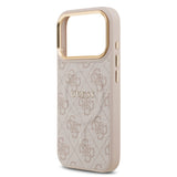 Apple iPhone 17 Pro Kılıf Guess M-safe Şarj Özellikli Gold Metal Kamera Çerçeveli PU Deri 4G Desen Yazı Logolu Kapak Pembe