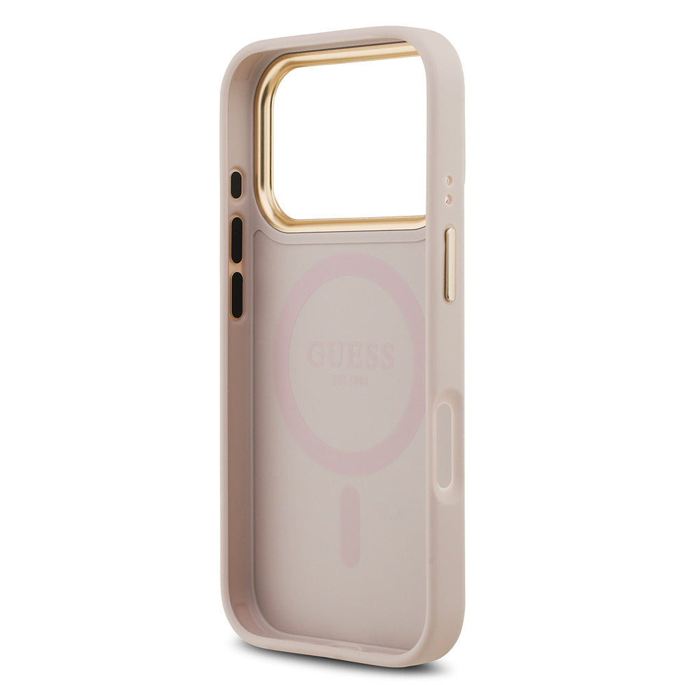 Apple iPhone 17 Pro Kılıf Guess M-safe Şarj Özellikli Gold Metal Kamera Çerçeveli PU Deri 4G Desen Yazı Logolu Kapak Pembe