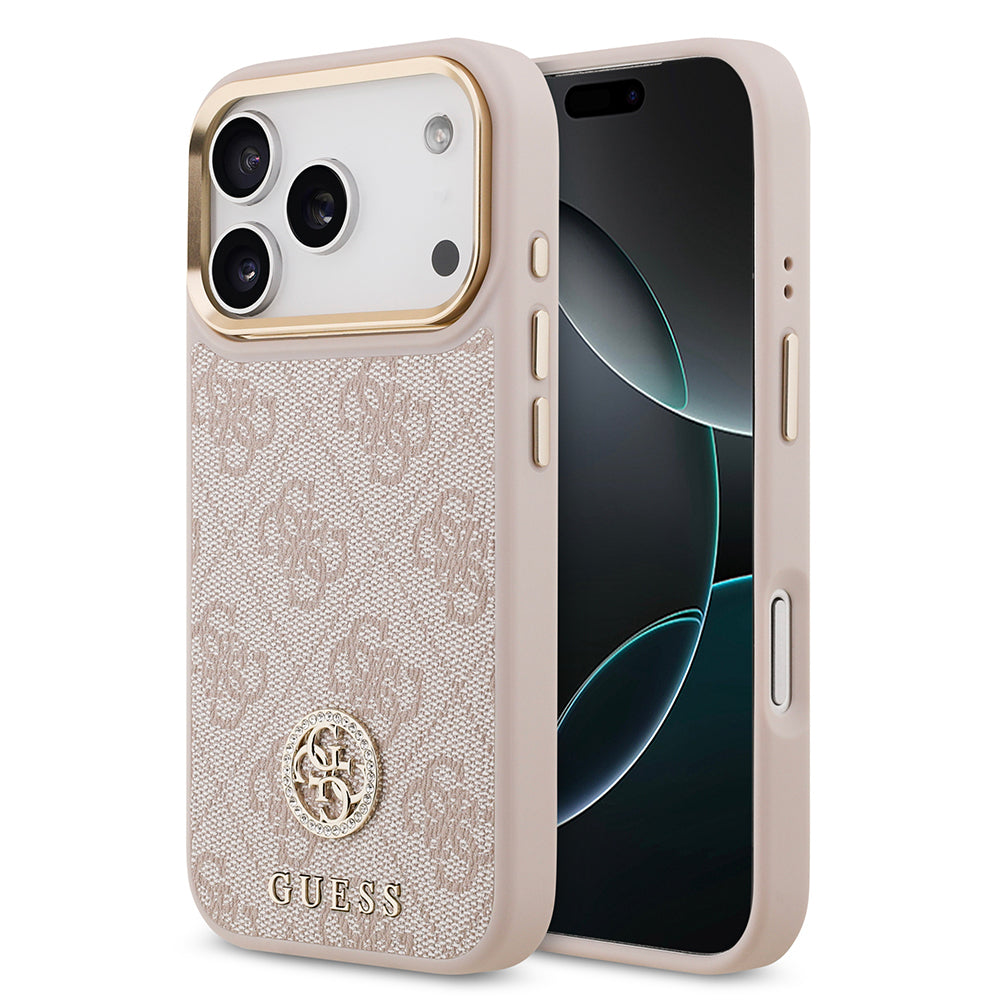 Apple iPhone 17 Pro Kılıf Guess M-safe Şarj Özellikli Gold Metal Kamera Çerçeveli Taşlı 4G Logolu Kapak Pembe