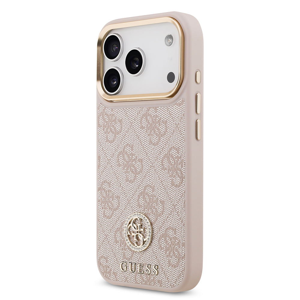 Apple iPhone 17 Pro Kılıf Guess M-safe Şarj Özellikli Gold Metal Kamera Çerçeveli Taşlı 4G Logolu Kapak Pembe