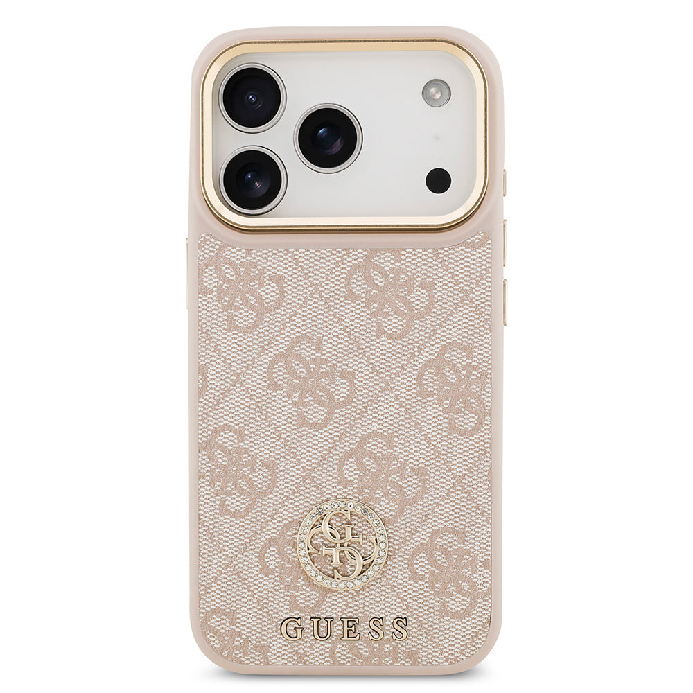 Apple iPhone 17 Pro Kılıf Guess M-safe Şarj Özellikli Gold Metal Kamera Çerçeveli Taşlı 4G Logolu Kapak Pembe