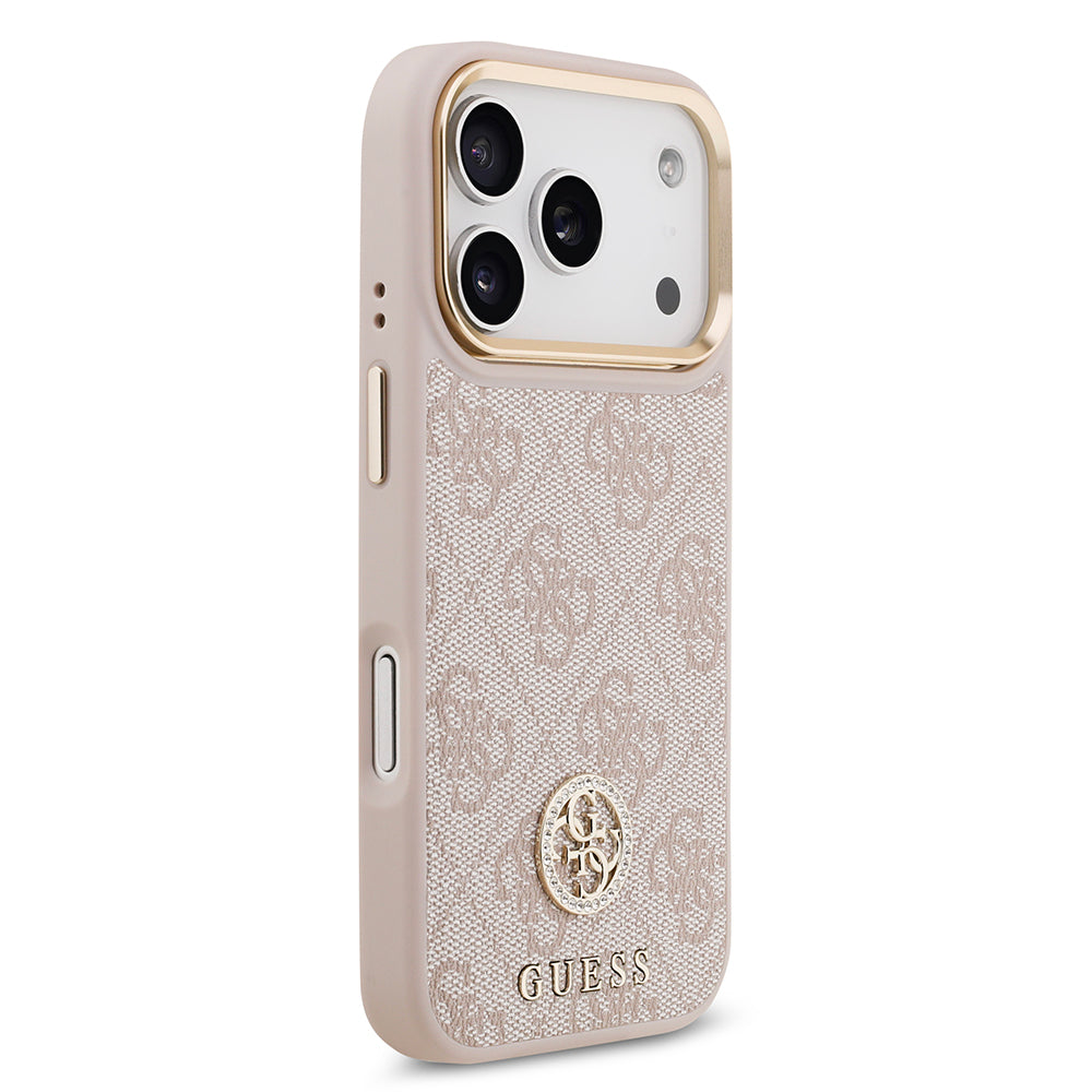 Apple iPhone 17 Pro Kılıf Guess M-safe Şarj Özellikli Gold Metal Kamera Çerçeveli Taşlı 4G Logolu Kapak Pembe