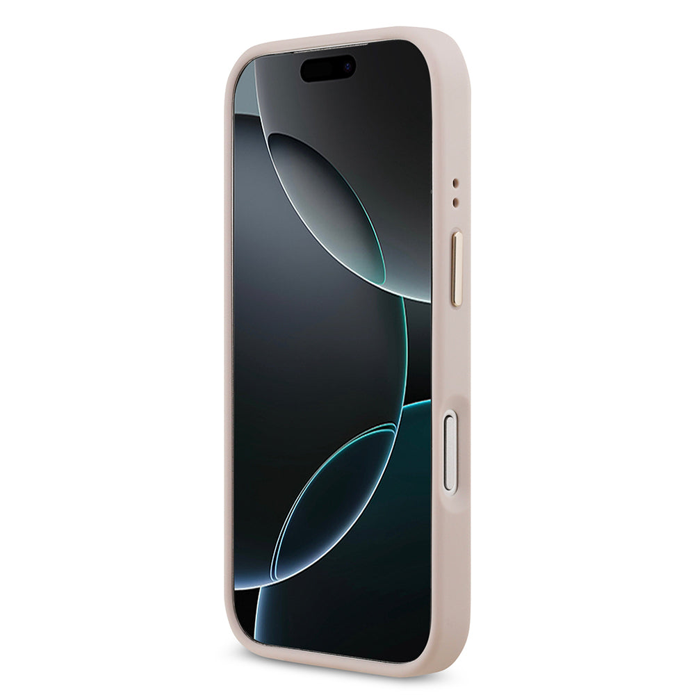Apple iPhone 17 Pro Kılıf Guess M-safe Şarj Özellikli Gold Metal Kamera Çerçeveli Taşlı 4G Logolu Kapak Pembe