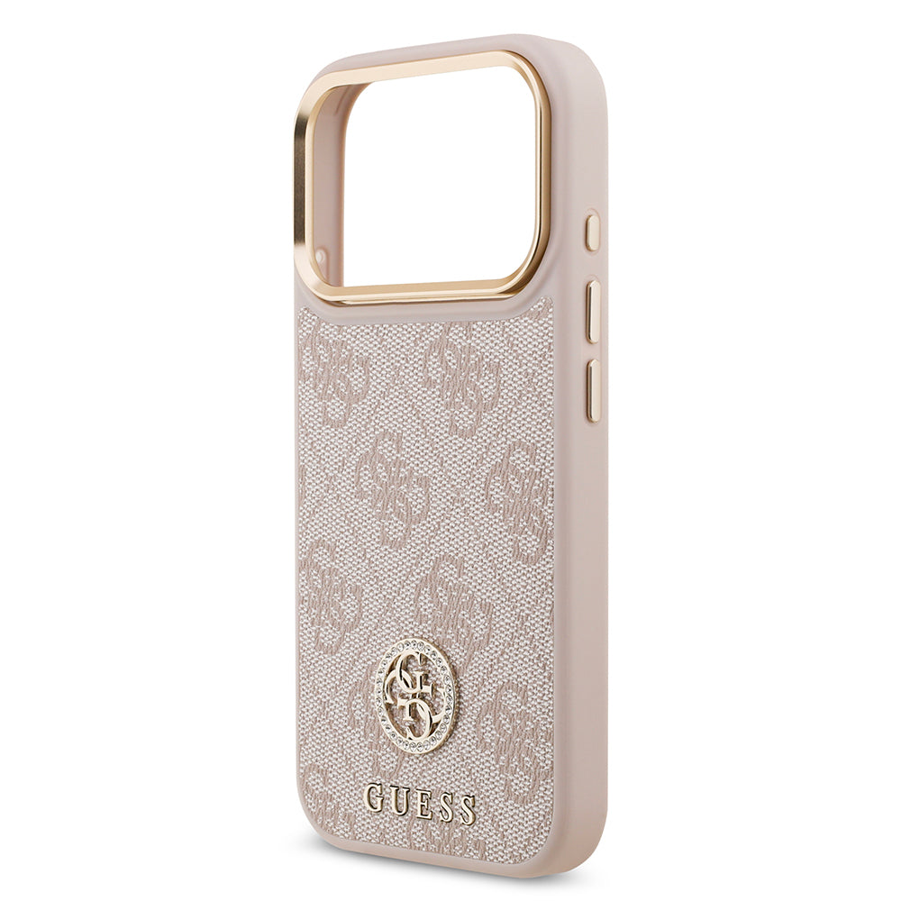 Apple iPhone 17 Pro Kılıf Guess M-safe Şarj Özellikli Gold Metal Kamera Çerçeveli Taşlı 4G Logolu Kapak Pembe