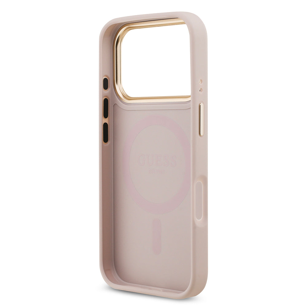 Apple iPhone 17 Pro Kılıf Guess M-safe Şarj Özellikli Gold Metal Kamera Çerçeveli Taşlı 4G Logolu Kapak Pembe