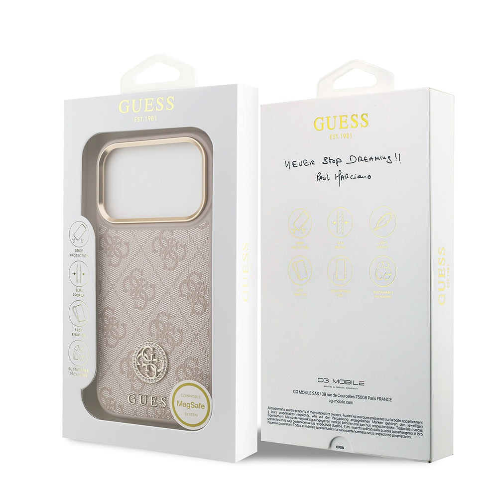 Apple iPhone 17 Pro Kılıf Guess M-safe Şarj Özellikli Gold Metal Kamera Çerçeveli Taşlı 4G Logolu Kapak Pembe