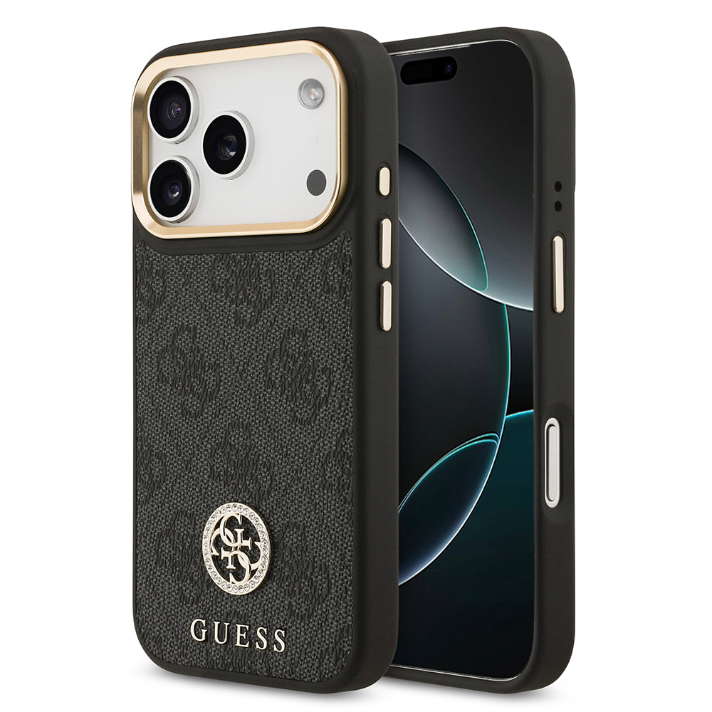 Apple iPhone 17 Pro Kılıf Guess M-safe Şarj Özellikli Gold Metal Kamera Çerçeveli Taşlı 4G Logolu Kapak Siyah