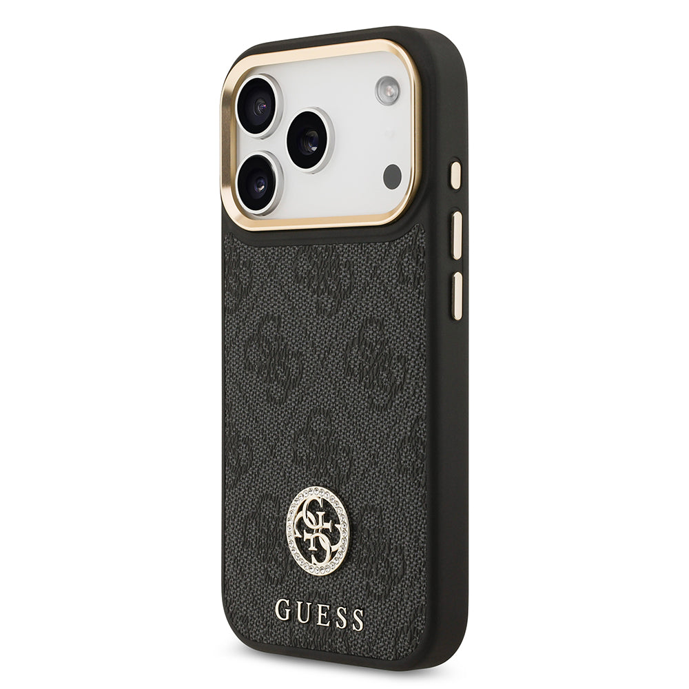Apple iPhone 17 Pro Kılıf Guess M-safe Şarj Özellikli Gold Metal Kamera Çerçeveli Taşlı 4G Logolu Kapak Siyah