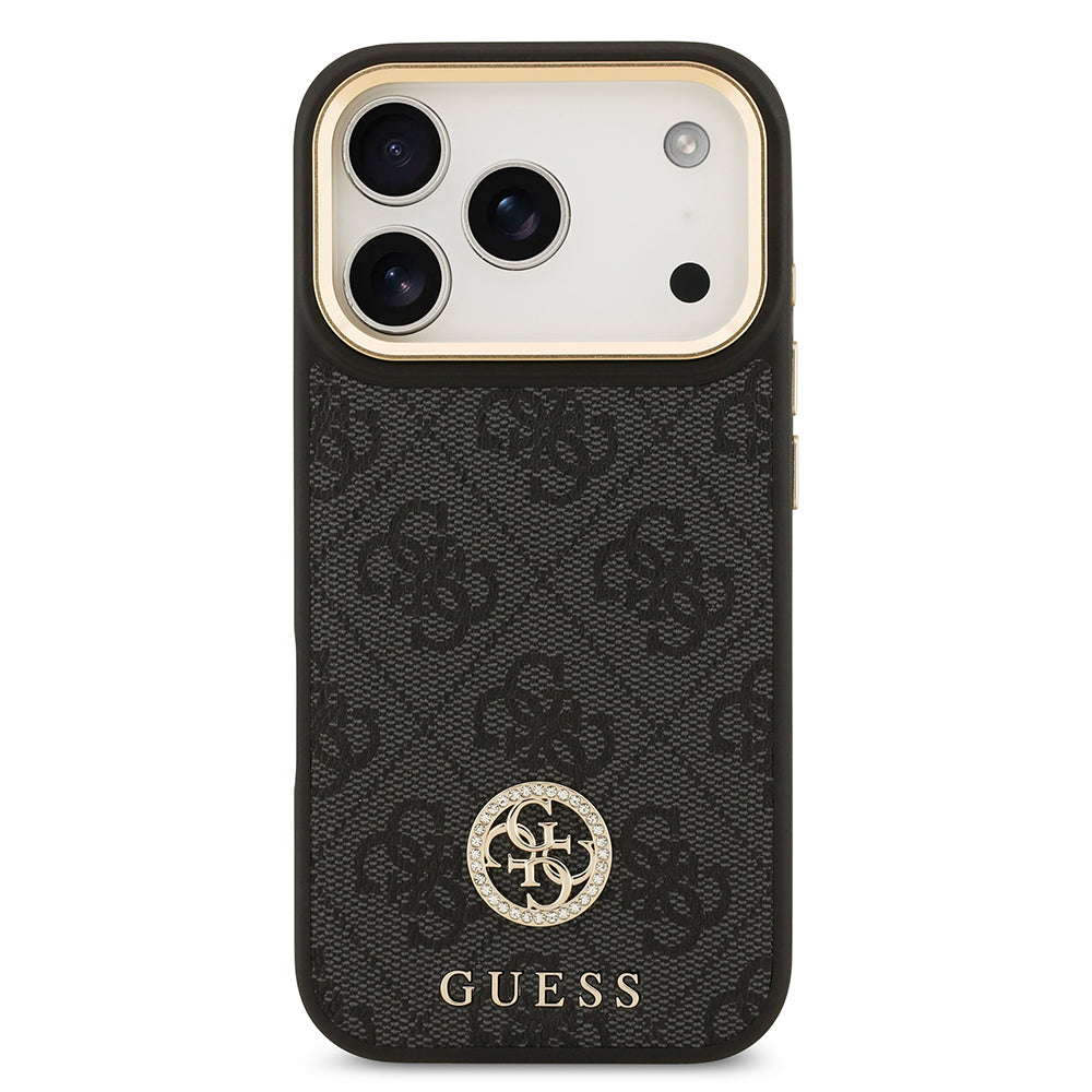 Apple iPhone 17 Pro Kılıf Guess M-safe Şarj Özellikli Gold Metal Kamera Çerçeveli Taşlı 4G Logolu Kapak Siyah