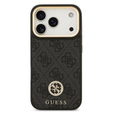 Apple iPhone 17 Pro Kılıf Guess M-safe Şarj Özellikli Gold Metal Kamera Çerçeveli Taşlı 4G Logolu Kapak Siyah