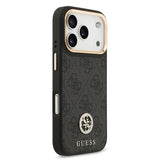 Apple iPhone 17 Pro Kılıf Guess M-safe Şarj Özellikli Gold Metal Kamera Çerçeveli Taşlı 4G Logolu Kapak Siyah